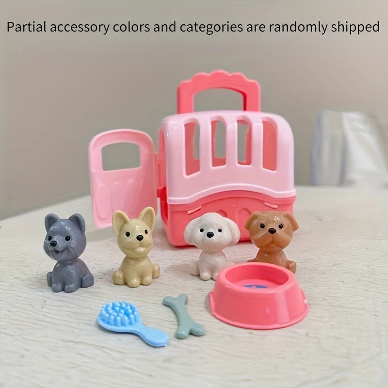 8pcs/set Cute Dog Pet Basket Family Toys Dog Doll Set Dog Cage Toys Scene Playing Toys Christmas Decoration Gifts