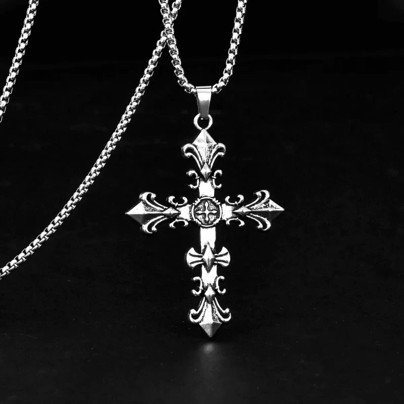 Fashion Stainless Steel Jewelry Set for Men Unisex Vintage Silver Color Cross Pendant Necklace, Bracelet Sets Punk Streetwear