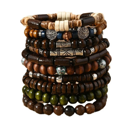 10pcs Bohemia Ethnic Beaded Bracelets For Men Vintage Multi Layer Wooden Beads Life Tree Beaded Bracelets Accessory Gifts Par