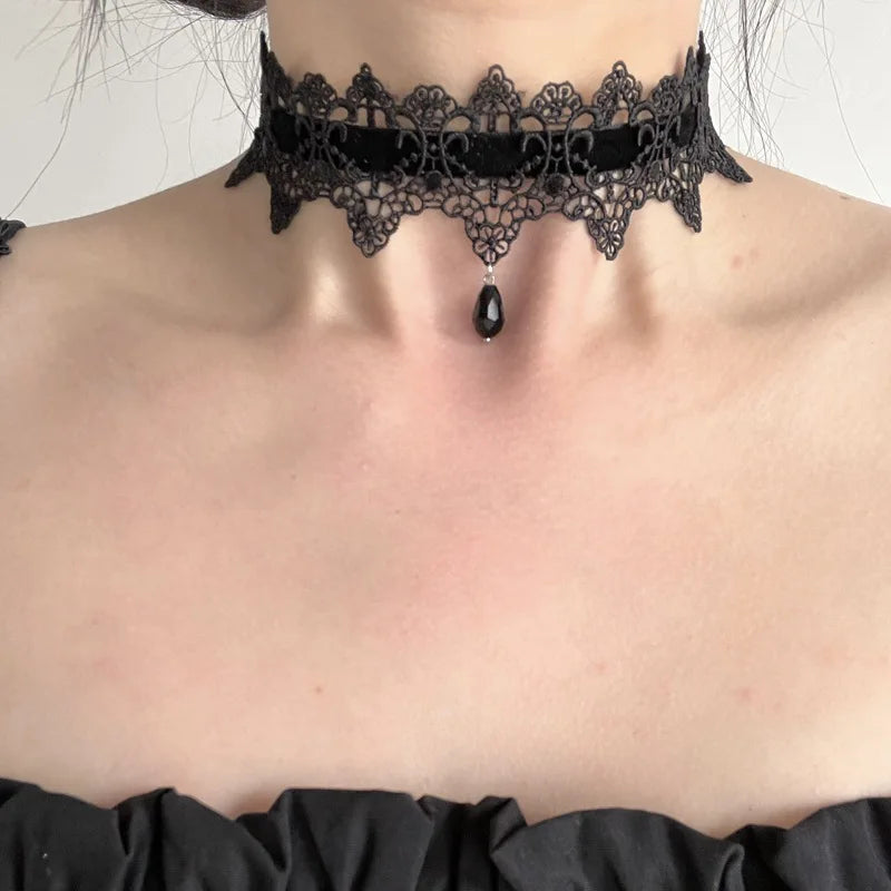 2026 New Sexy Lace Flower Necklace for Women Gothic Punk Velvet Collar Choker Black Waterdrop Pendent Necklace Strap Bow Jewe