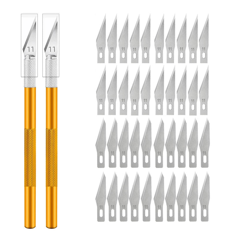 Engraving Non-Slip Metal Knife Kit + 40/10pcs #11 Blades Cutter Craft Knives for Mobile Phone PCB Repair Hand Tools - Gold