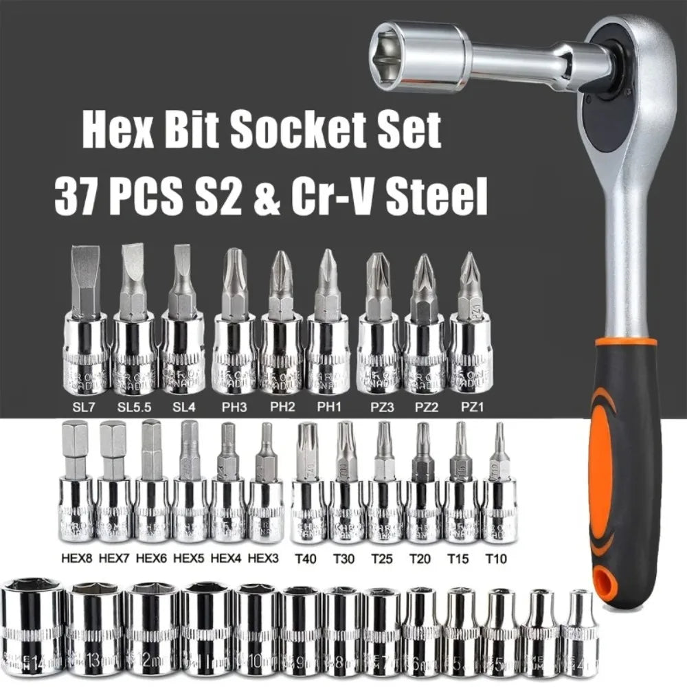 Hot 46Pcs 1/4" Drive Socket Wrench Set, Ratchet Screwdriver & Bit Kit, Carbon Steel, Auto Repair Hand Tool Set with Storage C