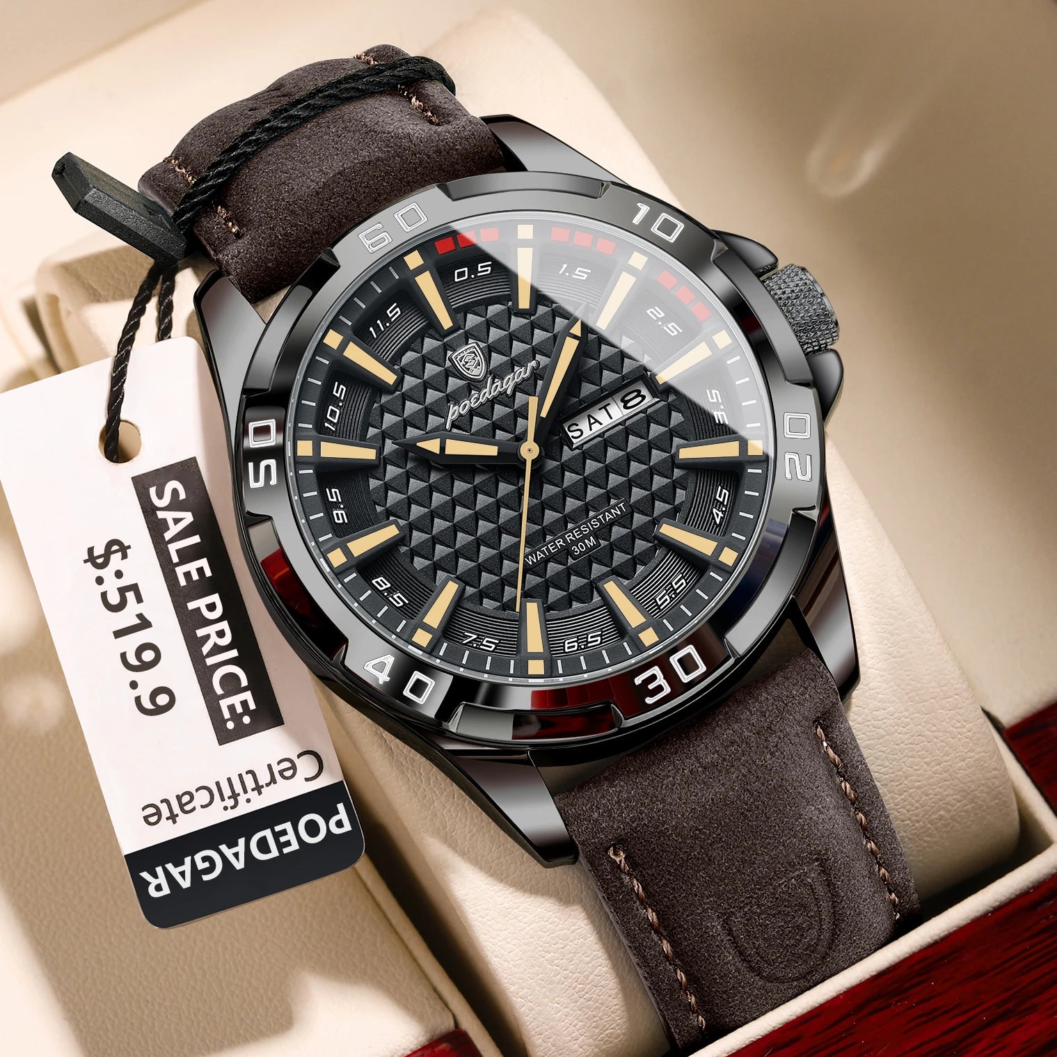 POEDAGAR Original Man Wristwatch Top Luxury Waterproof Luminous Date Week Watch For Men Quartz Sport Leather Men's Watches Re