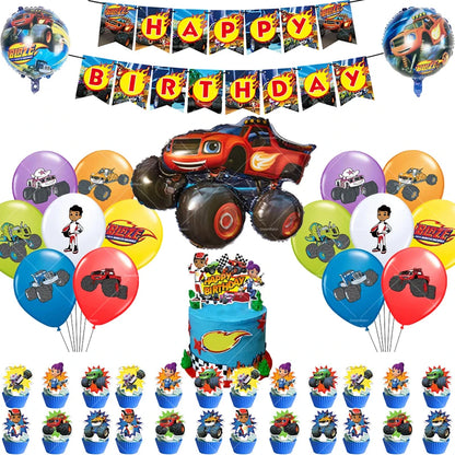 Blaze Monster Balloons Machines Race Car Happy Birthday Banner Party Decoration Cake Topper Disposable Tableware Background B