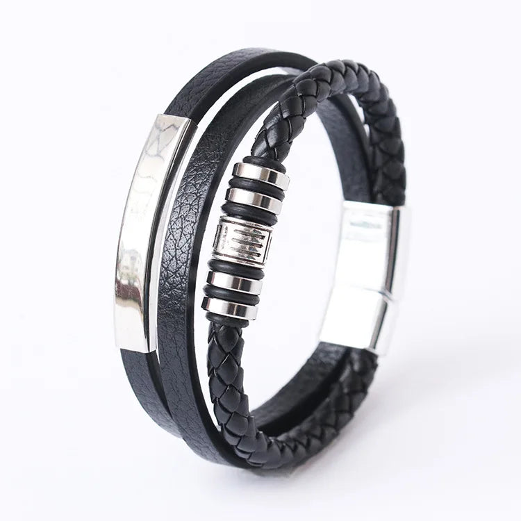 Trendy Leather Bracelets For Men Stainless Steel Bracelet 21CM Multilayer Braided Rope Bracelets for Male Jewelry Gifts - 16