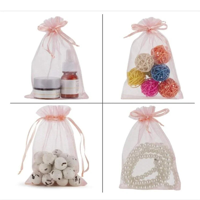 50pcs Pink Organza Drawstring Jewelry Small Bag for Earring Favor Wrapping Packing Pouch Packaging Wedding Businesses Organiz