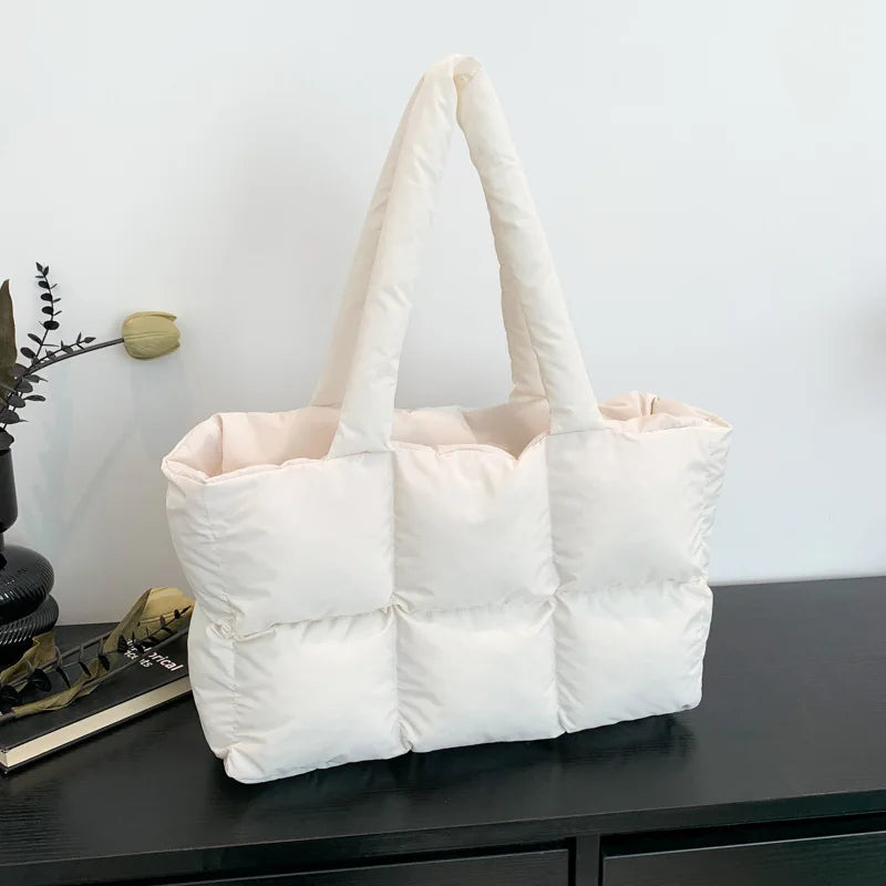 Women Tote Handbags Quilted Plaid Bag Retro Trendy Checkered Waterproof Shoulder Bag Solid Color Winter Soft Large Capacity B