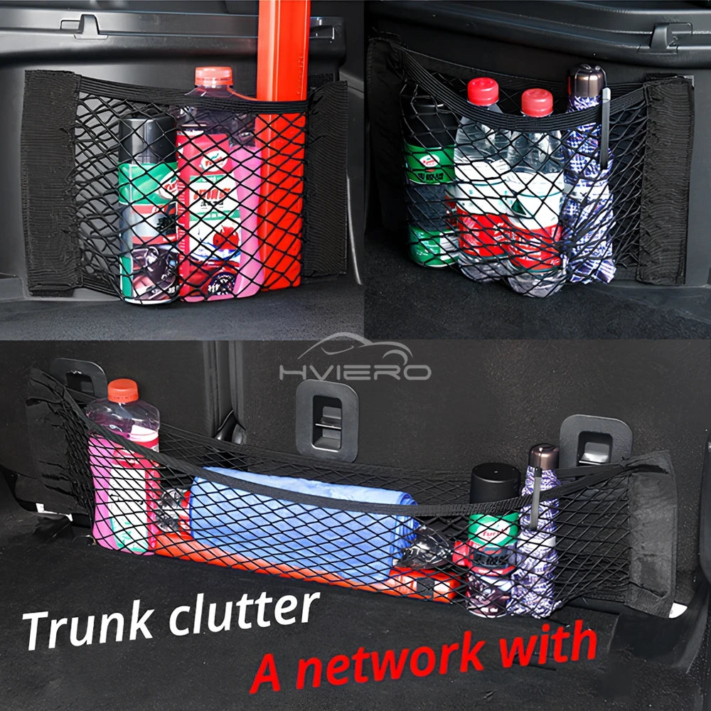 1X Car Back Rear Trunk Organizer Net Mesh Seat Elastic String Magic Sticker Universal Storage Bag Pocket Auto Put Paper Stowi
