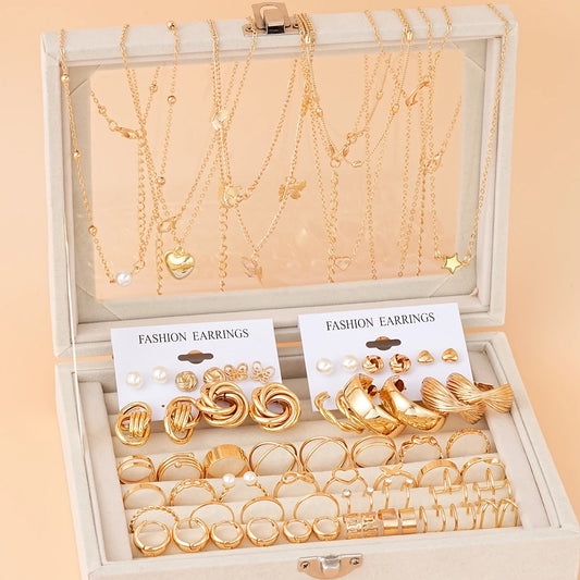 68 Pcs Boho Chic Jewelry Set Vintage Heart Pearl Zircon Butterfly Pendant Earrings Ring Necklace For Women Daily Wear Gifts 2