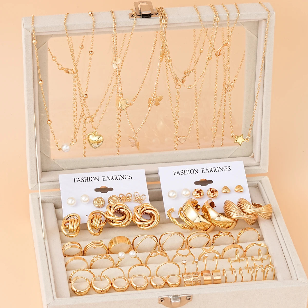 68 Pcs Boho Chic Jewelry Set Vintage Heart Pearl Zircon Butterfly Pendant Earrings Ring Necklace For Women Daily Wear Gifts 2