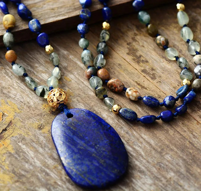 Bohemian Women Lariat Strand Necklace Random Semiprecious Stone Lapis Pendant Necklace Boho Jewelry