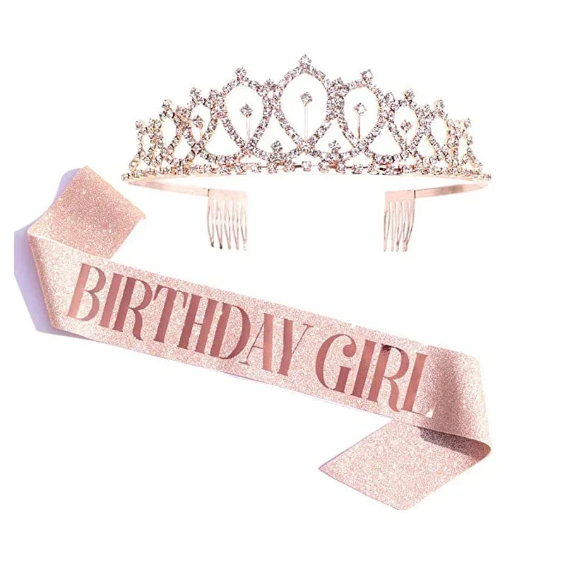 Bling Rhinestone Crystal Crown Tiara Birthday Anniversary Decoration Happy 18 21 30 40 50th Birthday Satin Sash Party Supplie