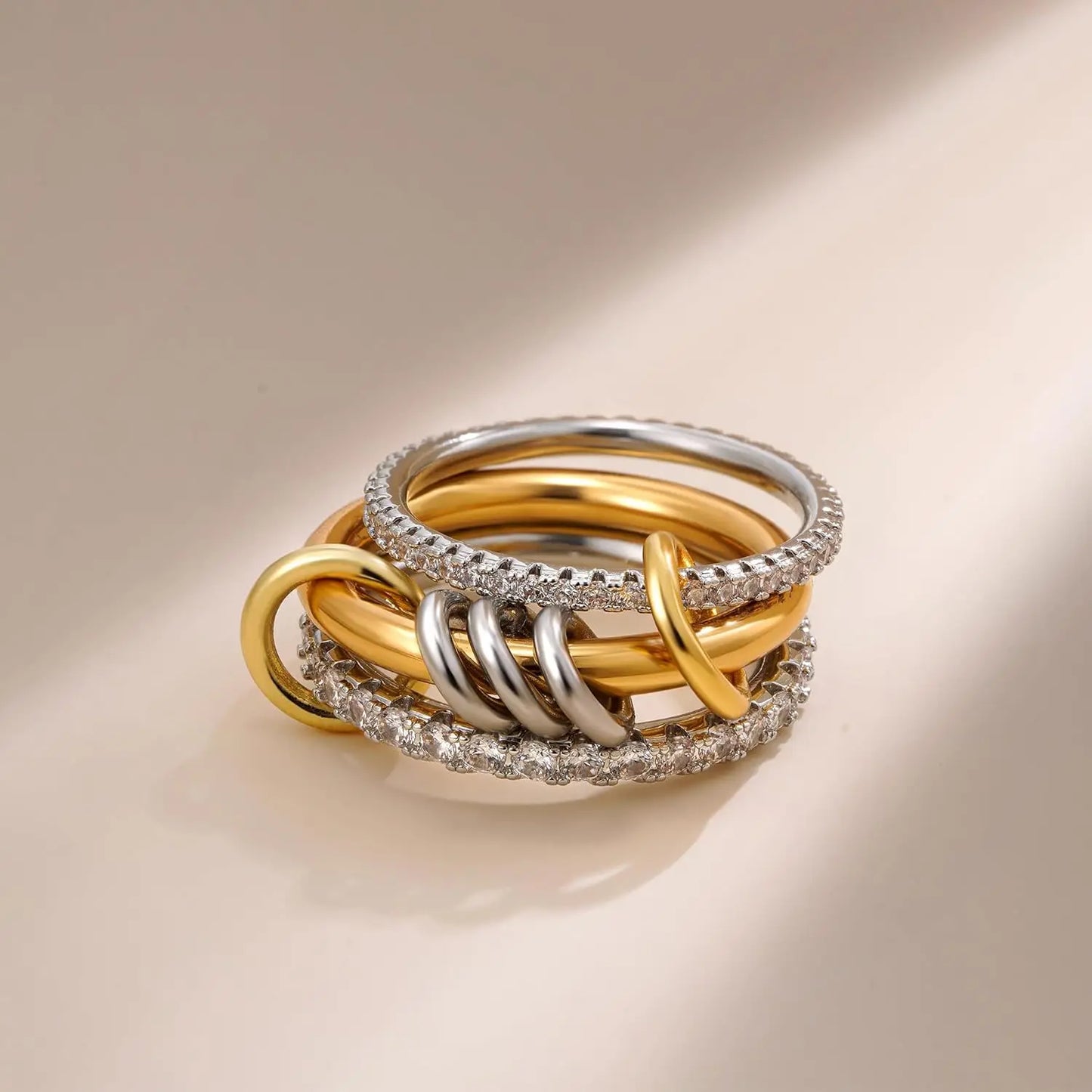 New Stainless Steel Cubic Zirconia Stackable Rings for Women 18k GoldPlating Multi-Link Connected Statement Ring Stack Jewelr