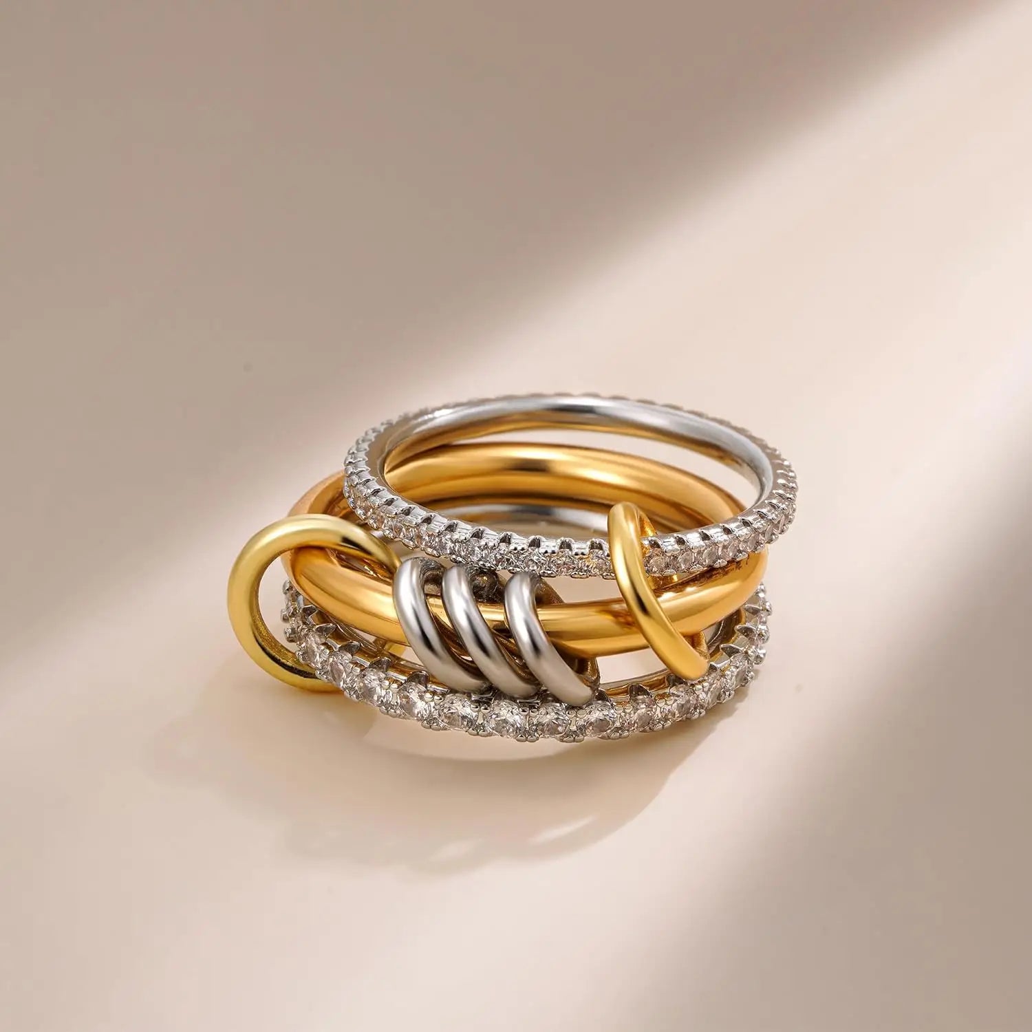 New Stainless Steel Cubic Zirconia Stackable Rings for Women 18k GoldPlating Multi-Link Connected Statement Ring Stack Jewelr