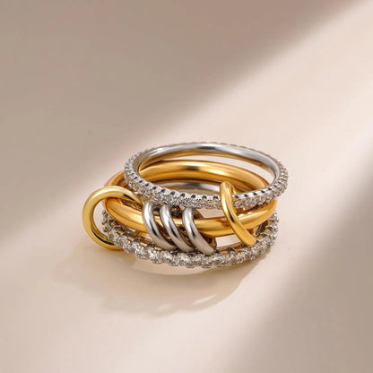 New Stainless Steel Cubic Zirconia Stackable Rings for Women 18k GoldPlating Multi-Link Connected Statement Ring Stack Jewelr