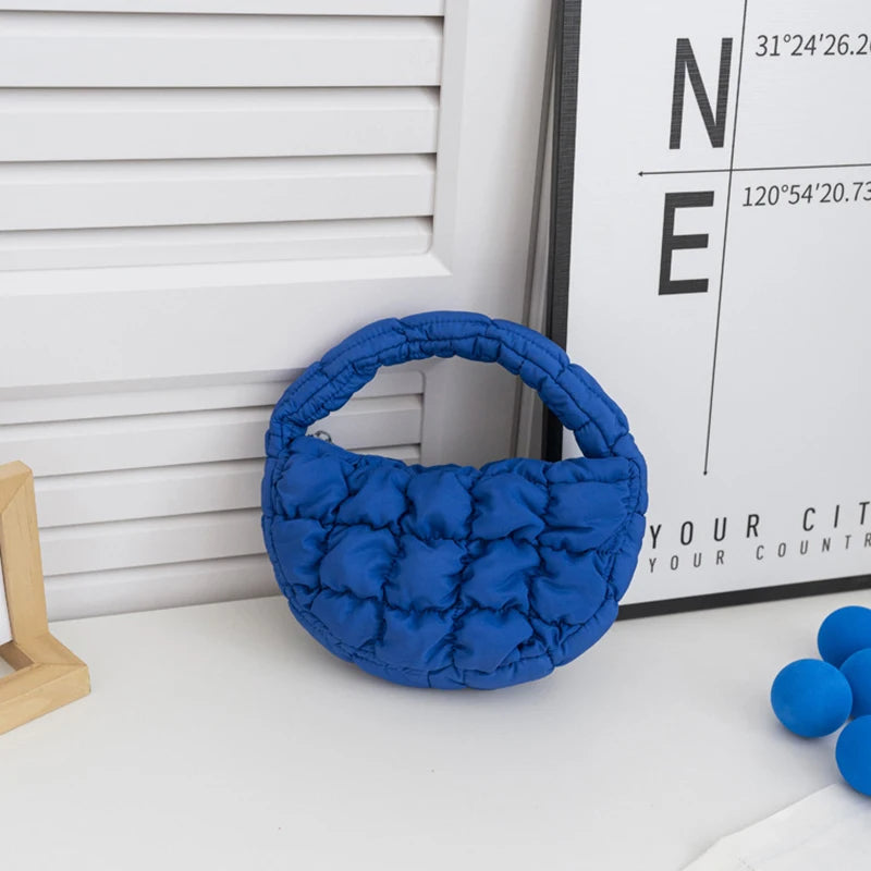 Fashion Mini Puffer Tote Bag Quilted Circle Phone Purse Elegant Purple Soft Nylon Padded Key Pouch Simple Trend Handbag - A10