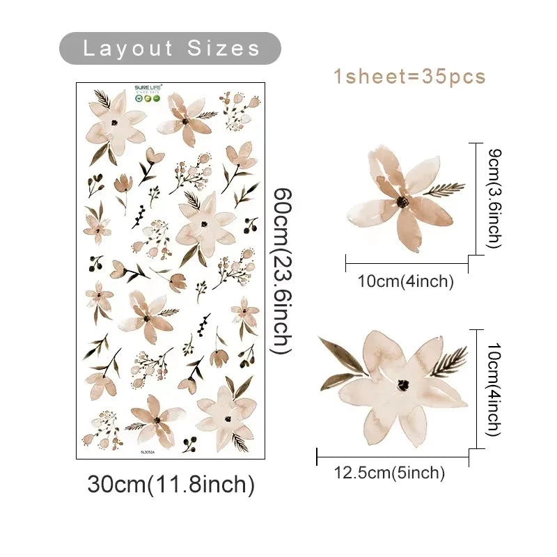 Boho Style Flowers Leaves Watercolor Wall Sticker Nursery Vinyl Wall Art Decals for Living Room Bedroom Kids Room Home Decor 