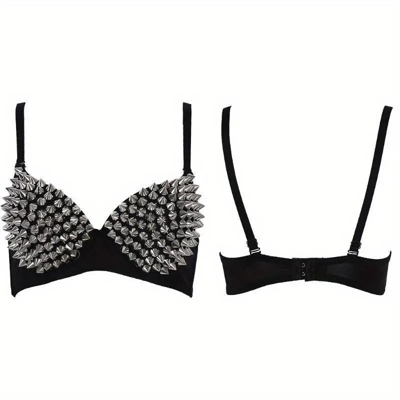 Sexy Rivets Punk Lingerie Underwear,Fashion Metallic Flash Rivet Bra with Wire Free for Women,Nightclub Party Bar Hot Bras