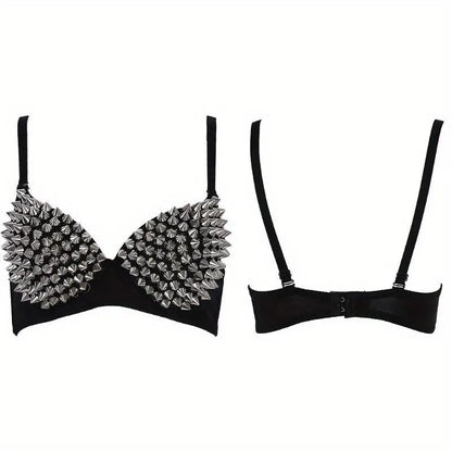 Sexy Rivets Punk Lingerie Underwear,Fashion Metallic Flash Rivet Bra with Wire Free for Women,Nightclub Party Bar Hot Bras