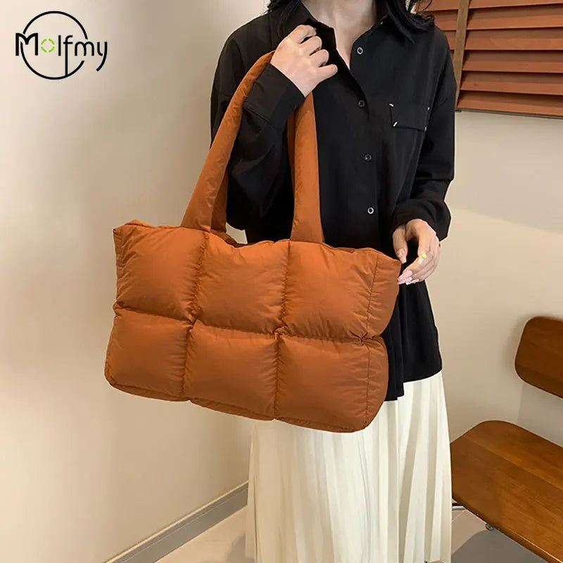 Women Tote Handbags Quilted Plaid Bag Retro Trendy Checkered Waterproof Shoulder Bag Solid Color Winter Soft Large Capacity B