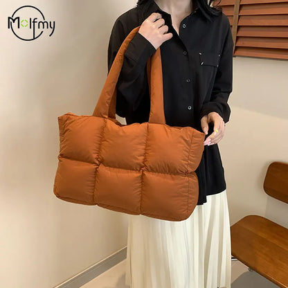 Women Tote Handbags Quilted Plaid Bag Retro Trendy Checkered Waterproof Shoulder Bag Solid Color Winter Soft Large Capacity B