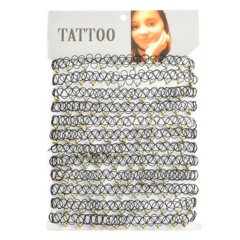 12pcs/lot Vintage Hippy Stretch Tattoo Choker Necklace Elastic Chocker Necklace Fishing Line Tattoo Colorful Necklace - Style