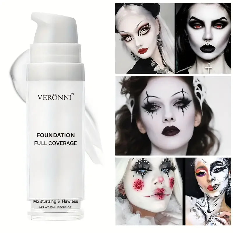 White Liquid Foundation, Full Coverage Heavy Duty Coverage, Creamy Liquid Formula for Goth Makeup, Cosplay, Long-Lasting Matt