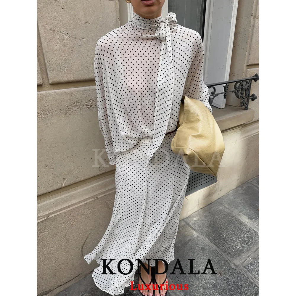 KONDALA Vintage Polka Dot Women Sets Chiffon Bow Tie Loose Blouses Loose Long Skirts Fashion 2026 Spring Summer Holiday Suits