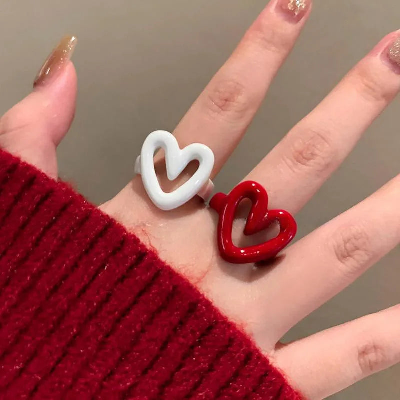 LATS White Red Enamel Heart Sweet Ring for Women Girls Trendy Geometric Dripping Oil Y2K Opening Rings Jewelry Gift