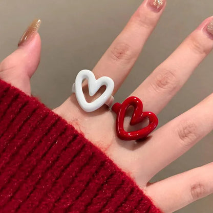 LATS White Red Enamel Heart Sweet Ring for Women Girls Trendy Geometric Dripping Oil Y2K Opening Rings Jewelry Gift