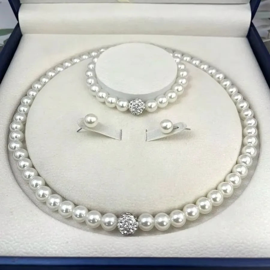 3 PCS set Imitation Pearl Fireball Necklace Bracelet Earring Stud Jewelry Set Silver Color Crystal Stone Elegant Bridal Jewel
