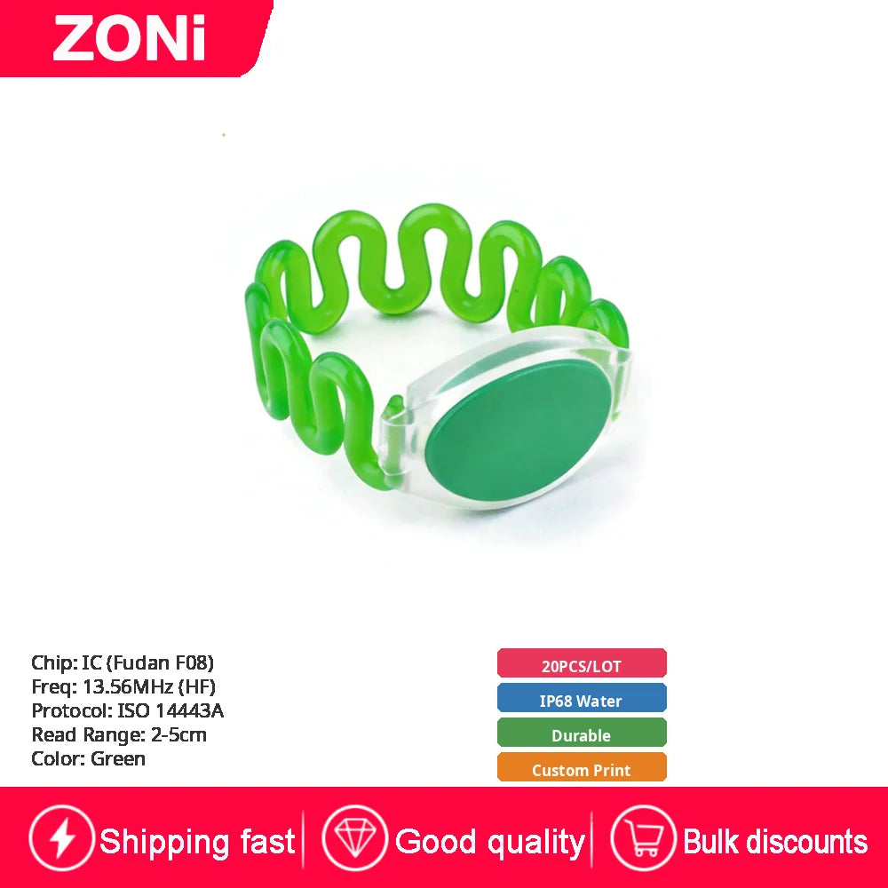 RFID IC ID Silicone Wristband Fudan F08 S50 M1 13.56MHz / TK4100 Chip 125KHz Waterproof Wrist Tag for Swimming & Foot Spa 20P