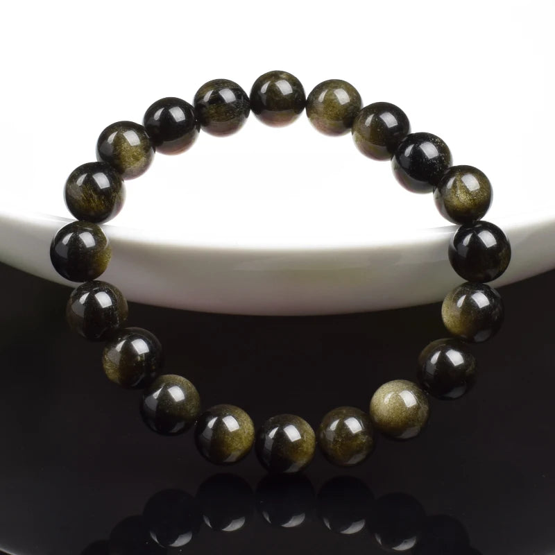 Natural Golden Obsidian Stone Beads Bracelet Men Women Golden Light Rainbow Obsidian Raw Stone Round Bead Natural Energy Jewe