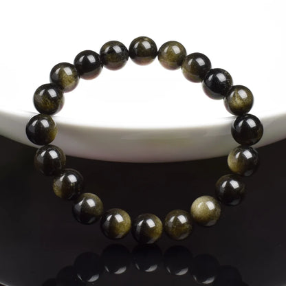 Natural Golden Obsidian Stone Beads Bracelet Men Women Golden Light Rainbow Obsidian Raw Stone Round Bead Natural Energy Jewe