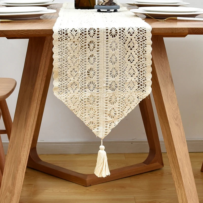 Table Runner Beige Christmas Crochet Lace Cotton Blended Fabric with Tassel For Coffee Table Decor Wedding Decoration - Table
