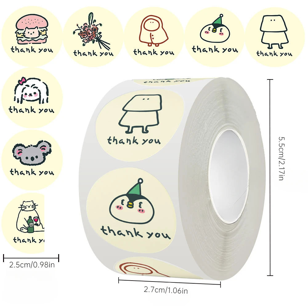 500Paste/Roll Cartoon Funny Thank You Stickers，Holiday Gift Decorative Sealed Sticker，DIYThank You Stick Label