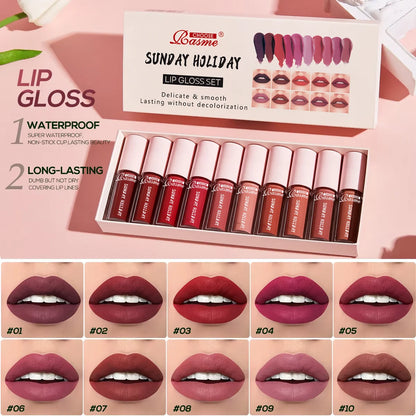 10 Pieces/Set Lip Gloss Velvet Lipstick: Waterproof and Long-Lasting Lip Gloss Women's Moisturizing Set Valentine's Day Gift