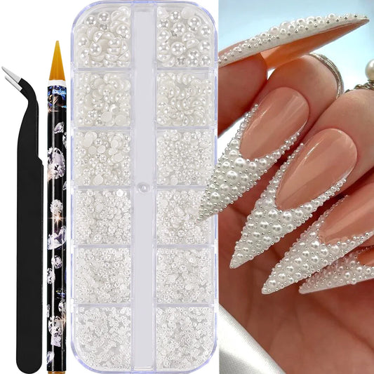 12grids Half Round Pearls Beads 3D Nail Charms 1.5/2/2.5/3/4/5mm White Flatback Pearls Nail Jewelry Nail Craft Pearl Rhinesto
