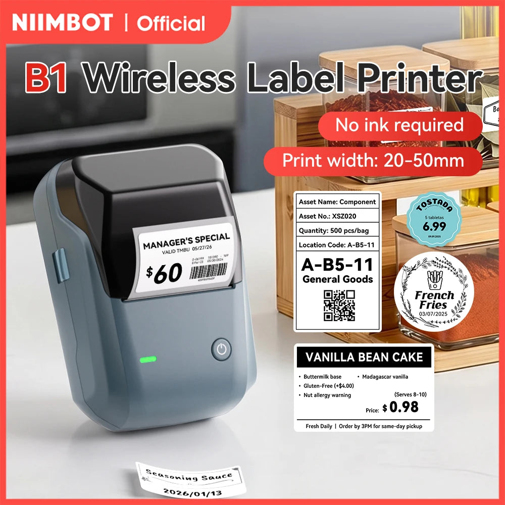 NIIMBOT B1 Portable Thermal Printer With Tapes 2 Inch Adhesive Label Printer Mini Bluetooth Sticker Maker Support Smartphones