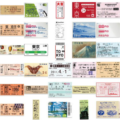 60Pcs INS Style Stamp Sticker Japanese Postcard Ticket Stationery Travel Diary Luggage Waterproof Helmet Stickers