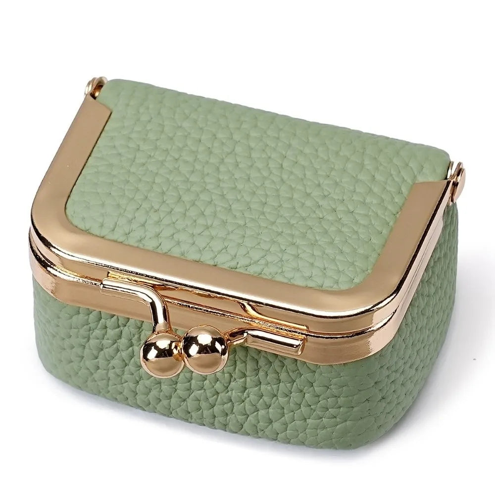 Wallet Genuine Leather Kiss Lock Coin Purse Solid Color Square Leather Jewelry Bag Multifunctional Mini Small Item Bag Earrin