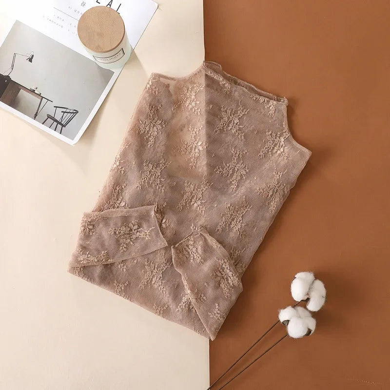 New Women Floral Lace Shirt Spring Autumn Long Sleeve Sexy Mesh Bottoming Shirts Mock Neck Blouse T-Shirt Pullover Top - Khak