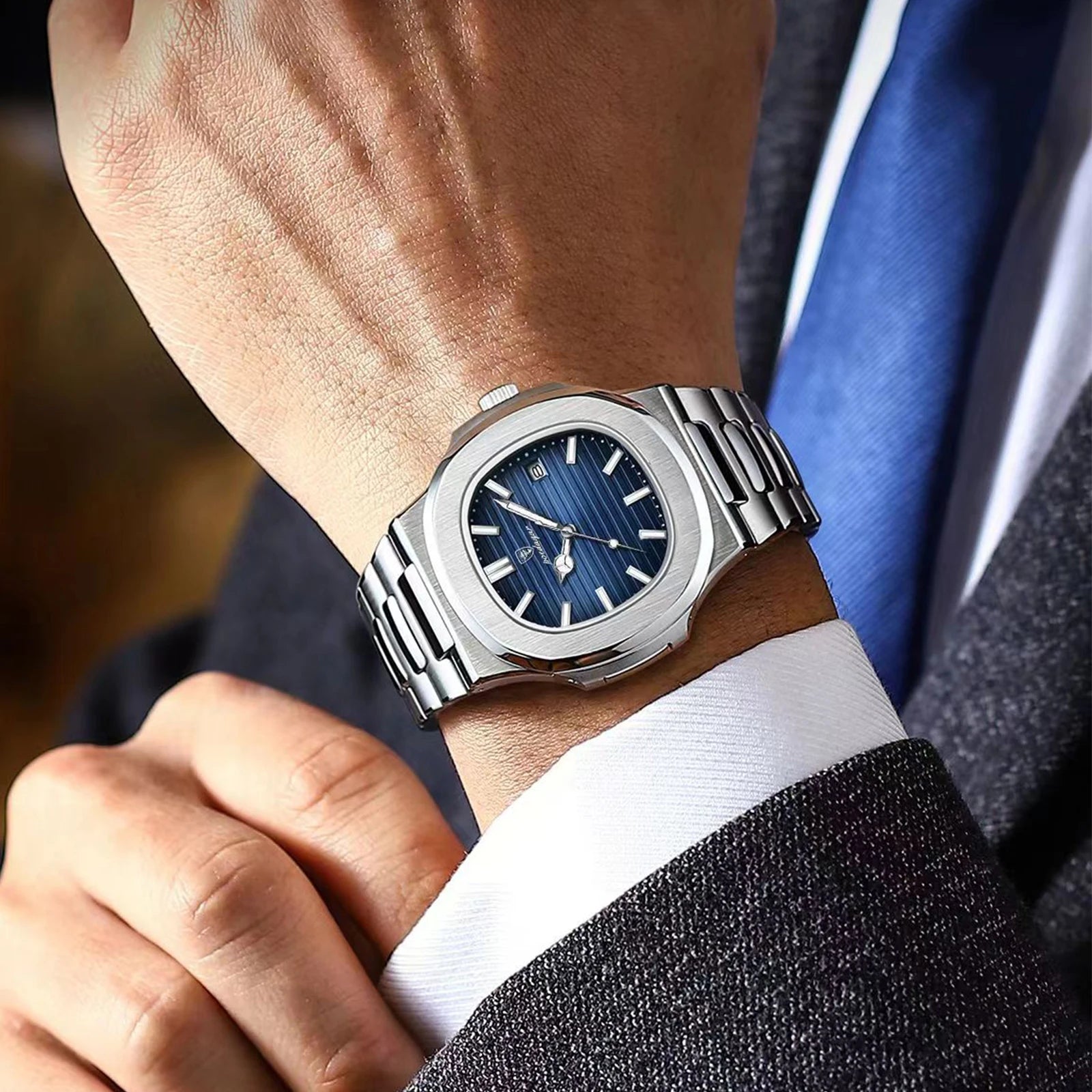 POEDAGAR Square Luxury Men Wristwatch Waterproof Luminous Date Stainless Steel Male Clock Business Sports Quartz Watches For 