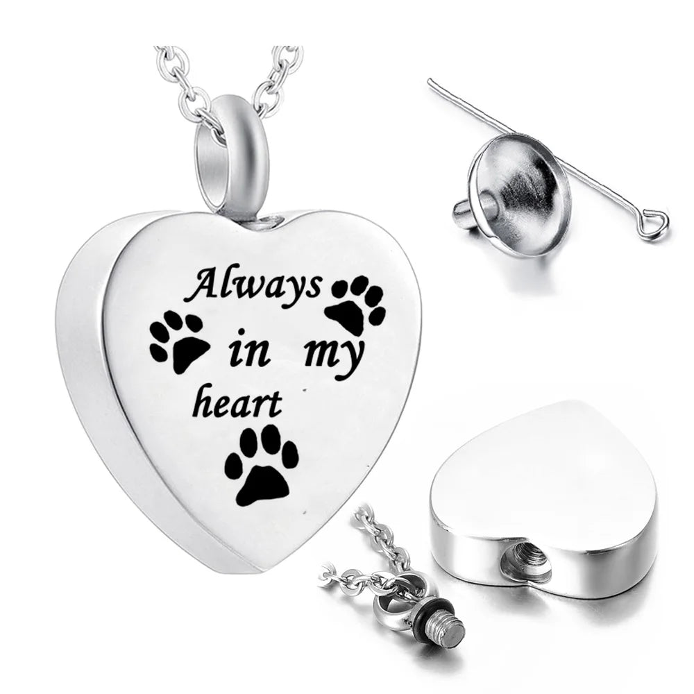 Cremation Jewelry for Ashes Always in My Heart Stainless Steel Heart Pet Paw Keepsake Pendant Memorial Urn Necklace