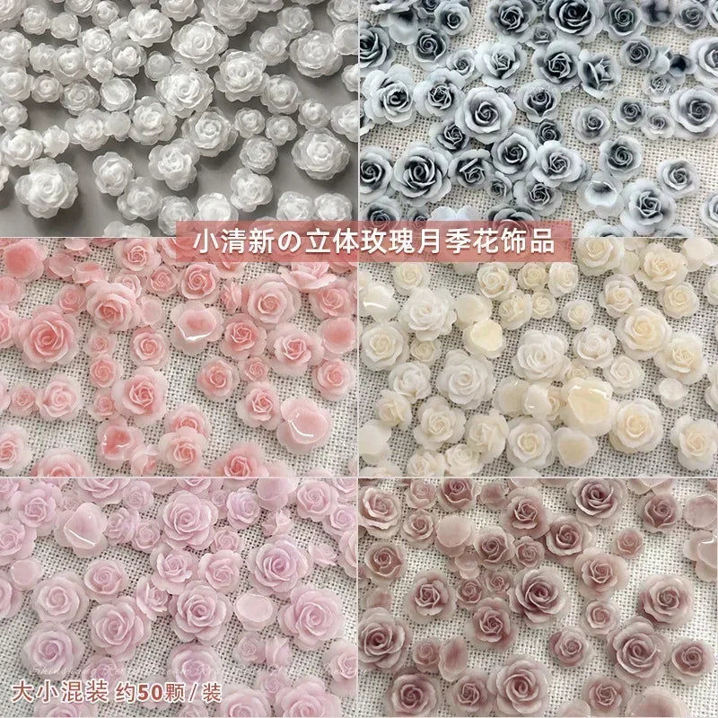 50Pcs Vintage 3D Rose Flowers Nail Art Jewelry Decoration Colorful Halo Dyeing Camellia DIY Fashion Manicure Accessory