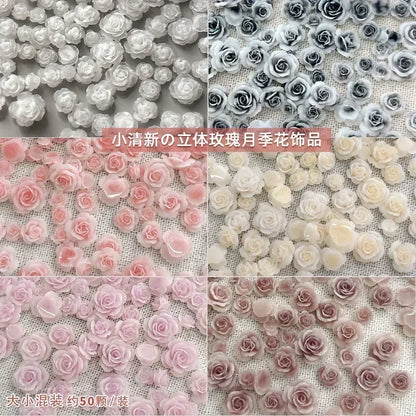 50Pcs Vintage 3D Rose Flowers Nail Art Jewelry Decoration Colorful Halo Dyeing Camellia DIY Fashion Manicure Accessory