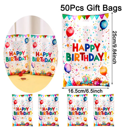 10/20/50pcs Happy Birthday Gift Bags Colorful Balloon Pattern Plastic Tote Bags for Adults Happy Birthday Party Decoration