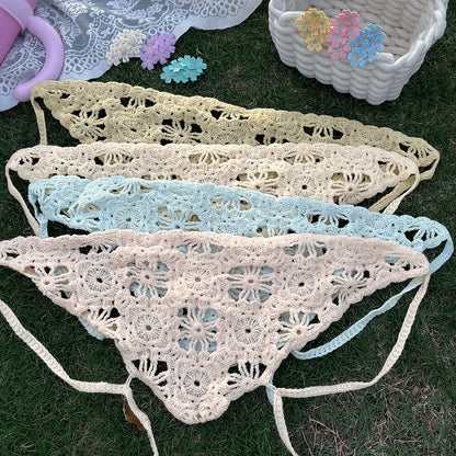 Fashion Knitted Headscarf Women French Pastoral Style Triangle Headband Handmade Crochet Headband Towel Retro Flower Headscar
