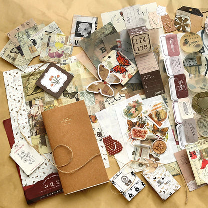 Retro scrapbook supplies, aesthetic diary tool kit, material paper set, simple Instagram style background, handmade DIY mater