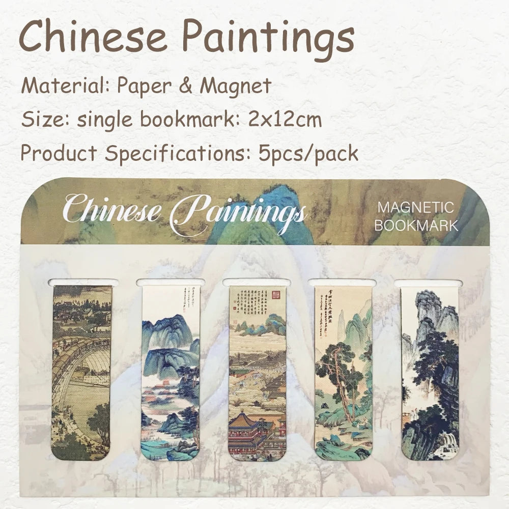 5pcs Chinese Painting Magnetic Bookmarks School Stationery Supplies Reading Pages Books Annotated DIY Aesthetic Bookmarks - 5